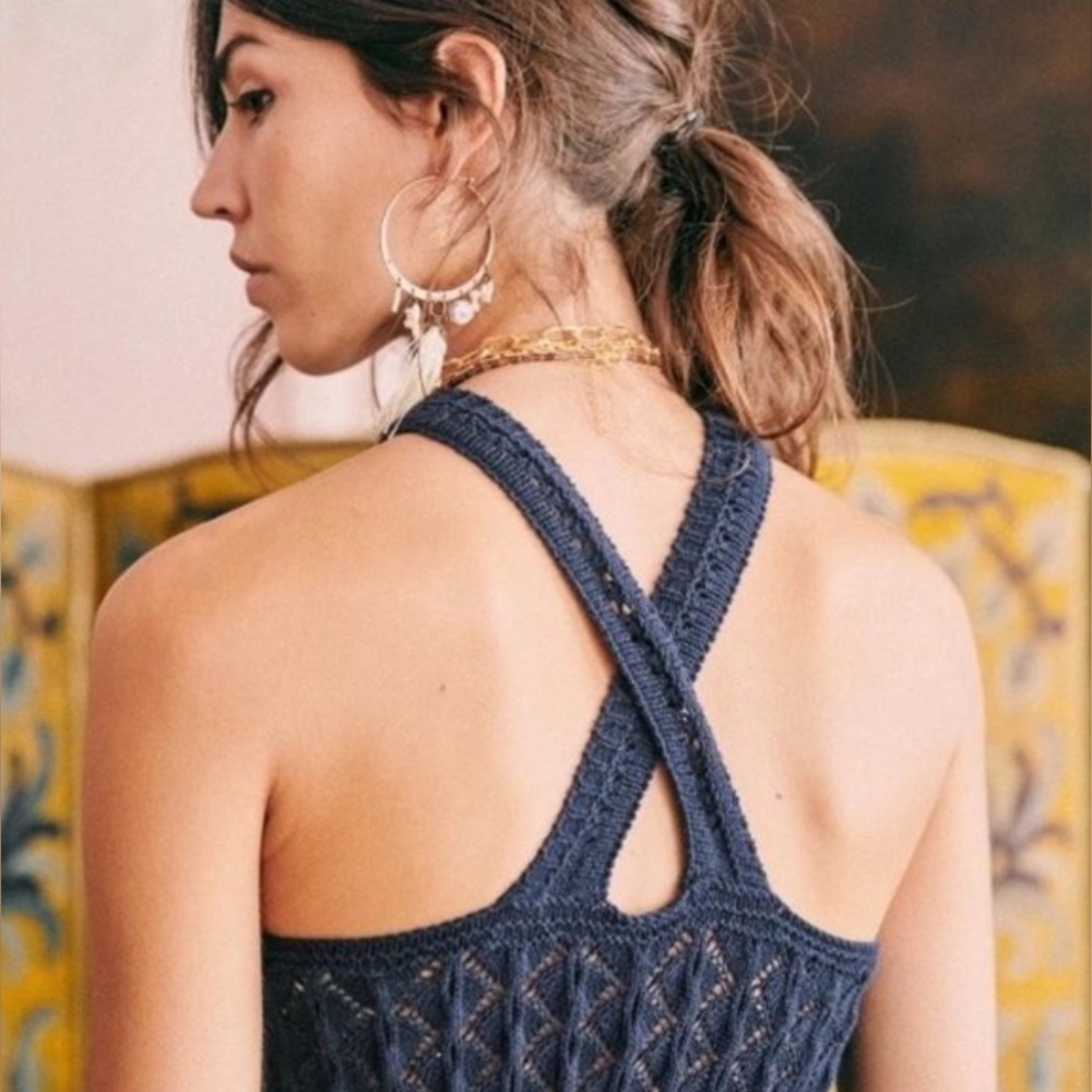 Sezane Jessica Knit Top Halter Cross Back Top Cotton Blend In Navy Size M NWOT - Picture 3 of 10